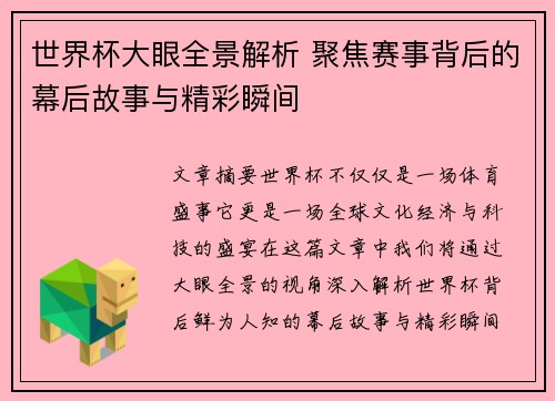 世界杯大眼全景解析 聚焦赛事背后的幕后故事与精彩瞬间